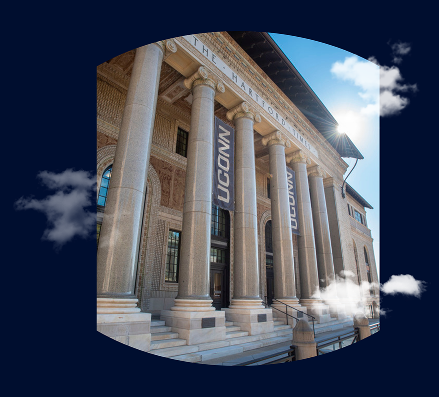 Artwork featuring the Hartford Times building with clouds layered on top.